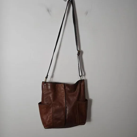 Fossil Brown Cow Hide Leather Crossbody Bag Medium Snap Closure Adjustable - Picture 5 of 16